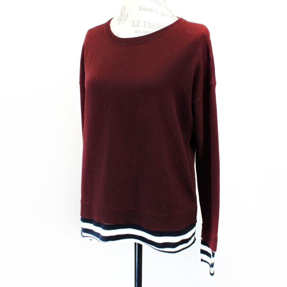 Lisa Todd Burgundy Sweater Top Pullover Striped Minimalist Classic Preppy Small